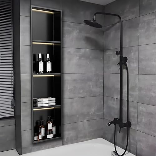 ZBORAVPIX Einbauregal Dusche Nische Alcove， Einbau-Duschnische mit LED-Beleuchtung, Keine Fliesen erforderlich, schwarz, mehrere Größen(120x28cm)