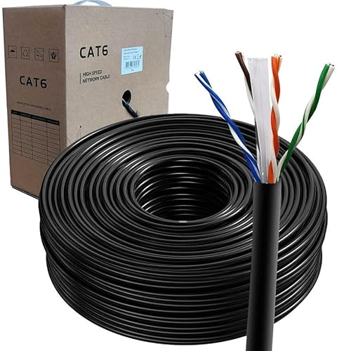 JUSTOP 100M CAT6 Ethernet Cable Reel, AWG23 UTP Bulk Roll CAT 6 CCA Cable, Indoor & Outdoor External Grade PE Jacket - 330ft Networking Cable (Black)