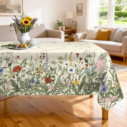 Arquiel Polyester Tischdecke mit Gras Wildblumen, Waschbar, 152 x 304 cm | Wiederverwendbare, Waschbare Polyester Tischdecke mit Grün Löwenzahn Floralemuster für Küche, Esszimmer Tischdeko
