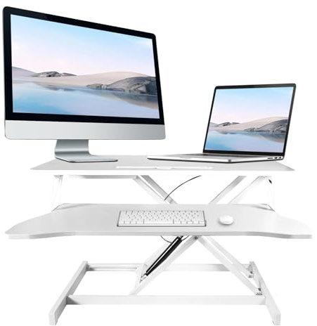 GREENSAPPIRE Height-Adjustable Standing Desk Converter 94cm Wide | Tabletop Workstation for Dual Monitors with Spacious Keyboard Tray (White L)