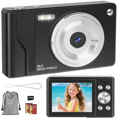 Aroeally Appareil photo numérique 56 MP 1080P FHD - Mise au point automatique - Appareil photo compact portable - Écran LCD 2,8 - Zoom numérique 16X - Carte SD 32 Go - 2 piles - Pour enfants