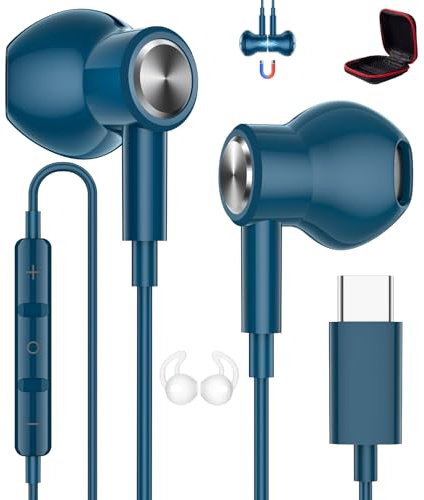 ACOCOBUY USB C Earphones for Samsung A16 A17 A56 S26 S25 S24 S22 S21 Ultra | Magnetic Type C headphones with Mic HiFi Wired Earbuds for iPhone 17 16 15 for Redmi Note 15 for Pixel 9a 10a Men Women Blue