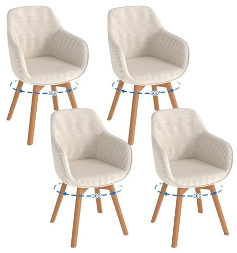 LEWE Esszimmerstühle Drehbar 4er Set mit Armlehne，360° Drehbar Moderner Cordstoff-Essstühle, Küchenstuhl mit Holzbeinen Und Rückenlehne Für Wohnzimmer Esszimmer Schlafzimmer (Beige,4pcs)