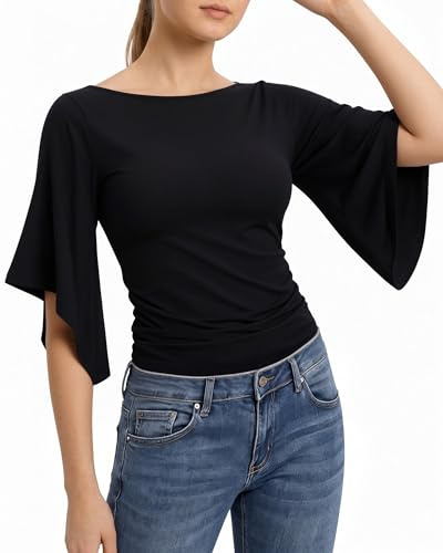 ALGALAROUND Boat Neck 3/4 Bell Sleeve Tops for Women Shirts Elegant Tee Casual Summer T-Shirt Going Out 2026 Black M