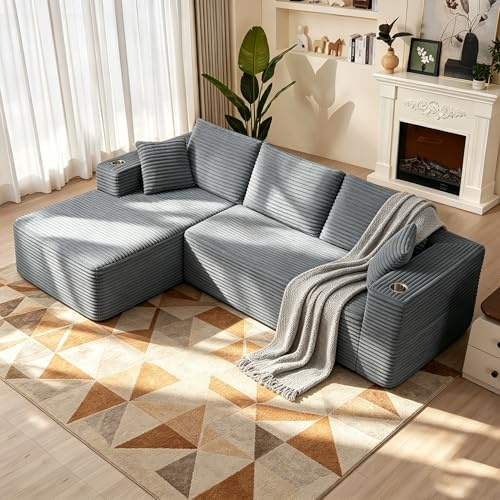 Scisola Sofá Modular de 3 plazas con Chaise Longue, 102 inch/261cm Sofá de Pana Afelpado con Asiento Profundo Deshuesado, Sofá en Forma de L Sofá de Corduroy para Salón, Dark Grey