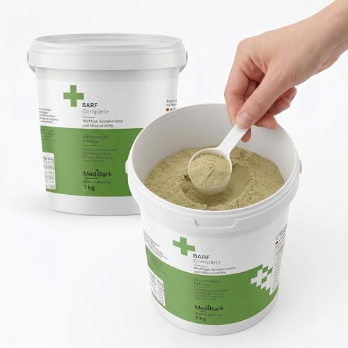 MediBark Barf Komplett pulver för hundar 1 kg – Barf allsidig vård utvecklad av veterinärer inklusive receptbok – rik på vitaminer, mineraler, omega 3-alger, moringa och blåbär