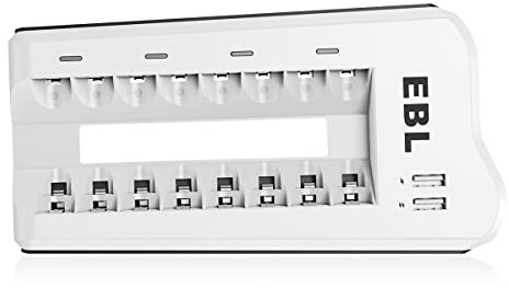 EBL Akkuladegerät AA AAA für Typ NI-MH NI-Cd Akkus und USB Geräte, 8-Ladeplatz Batterie Ladegerät mit LED Anzeige und 2 USB Port