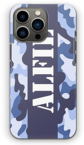 Personalised Initials Hard Phone Case For Apple iPhones, 16, 15, 14,13, 12, 11, Pro Max, Mini, XR, SE Blue Army Camouflage Print with Stripe, Custom Name/White Capital Text, Camo Phone Cover