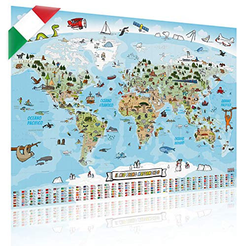 Panorama Weltkarte für Kinder XXL - 140x100cm Kinder-Weltkarte komplett handgezeichnet und koloriert (Italienisch)