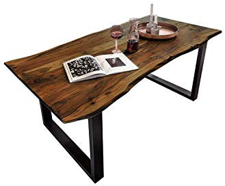 SAM Esszimmertisch 240x100 cm Quinn, echte Baumkante, nussbaumfarben, massiver Esstisch aus Akazienholz, Metallbeine Schwarz, Baumkantentisch