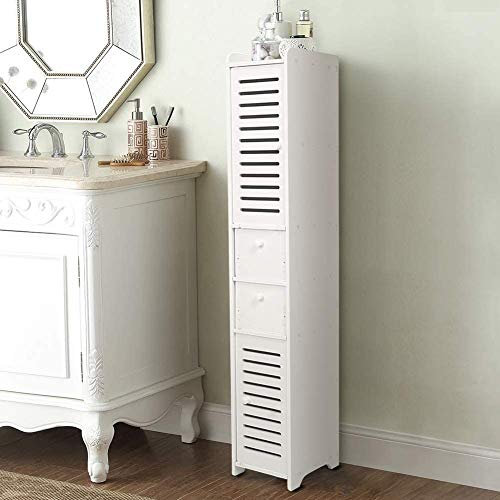 Greensen White Tall Slim Bathroom Cabinet - Standing Floor Unit With 2 Doors + 2 Drawers, Wood Plastic Board Corner Tallboy Storage
