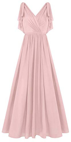 Freebily Dame Femme Robe de Demoiselle d'honneur Mariage Longue Robe Moulante Soirée Cocktail Mousseline Taille Haute Vintage Robe Sexy Col V Classique 34-48 Rose poussiéreux 36