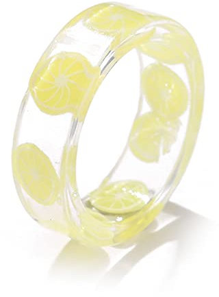 MNSYD Harz Obst Ringe Niedlich Pitaya Erdbeere Wassermelone Zitrone Kiwi Grape Grapefruit Erdbeere Kunststoff Y2k Harz Ring Schmuck Nette Retro Für Frauen Teen Girl,Transparente Zitrone
