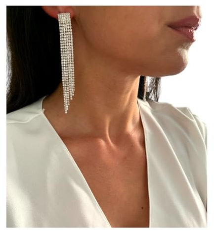 ONDEGO® XXL Strass Ohrringe Damen Silber – Lange Glitzer Ohrhänger 10 cm – Elegante Creolen mit Strass – Schmuck für Abendkleid, Hochzeit & Party lang