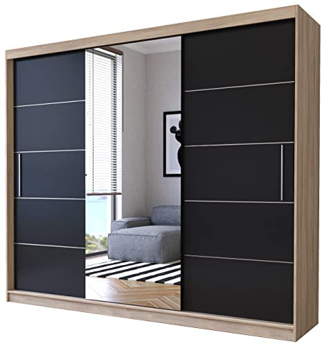 Fabryka Mebli Idźczak Kleiderschrank mit Spiegel, Schiebetüren - Schwarz, Sonoma Schwebetürenschrank, Schlafzimmerschrank - 61 x 250 x 218 cm - Schrank für Schlafzimmer, Wohnzimmer, Garderobe