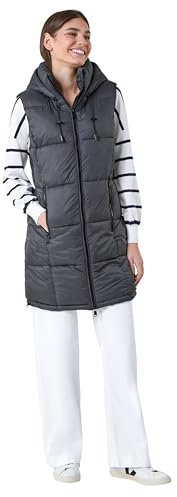 Roman Originals Quilted Gilet with Hood for Women UK Ladies Sleeveless Coat Hooded Jacket Padded Bodywarmer Winter Lightweight Warm Autumn Funnel Neck Longline Soft Bubbly - Charcoal - Size 12