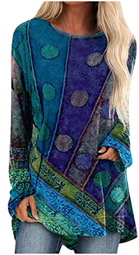 Women's O-Neck Ethnic Style Print Casual Long Sleeve Plus Size Tunic Tops Top Sweatshirt Loose T Shirt Blouses Jumper Henley Shirts Elegant for Ladies UK Blue