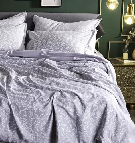 LERUUM Cotton Bedding King Size Duvet Cover Set Grey Reversible Leaf Plain Print Bed Set 200 TC Percale Autumnal Quilt Cover Set (King Size Pure)
