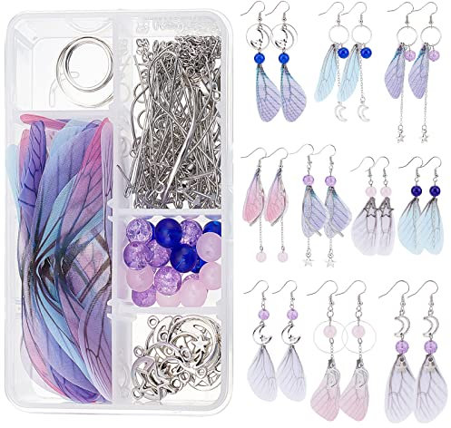 SUNNYCLUE 1 Box DIY 10 Paar Schmetterlings-Libellen-Flügel-Ohrring-Kits Mond-Stern-Charms Stoffflügel Dekoration & Glasperlen Mit Biegeringen Für DIY-Dekorationen Zubehör Zubehör