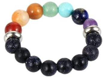 WLLDDDIU Natürlicher Blauer Sandsteinring Kristallrunde Perlen 7Chakras Ring Damen Elastische Steinringe Reiki Balance Knöchel Fingerringe Ewigkeitsring Für Frauen Mädchen Männer