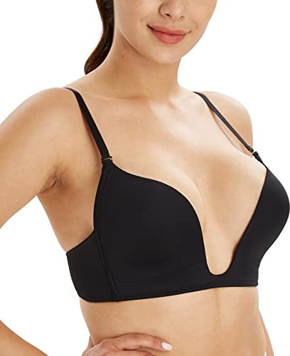 Lemorosy Reggiseno a Forma di U Senza FerrettoPush up da Donna Profondo Scollo a V Leggermente Imbottito(Nero,1D)