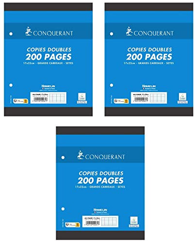 CONQUÉRANT Lot de 3 Copies Doubles 17x22cm 200 Pages 70g Grand Carreaux Sous Film Blanches