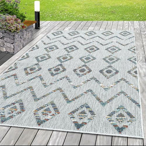 HomebyHome In & Outdoor Wetterfest 80x250 cm Multi, Zickzack Design 3D Effekt - Balkon Teppich Wasserfest, Läufer, Kurzflor, Flachgewebt - Ideal für Küchenläufer, Garten, Camping und Terrasse
