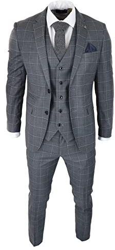 Mens Grey Check 3 Piece Suit Vintage Retro Smart Wedding Classic Tailored Fit Light