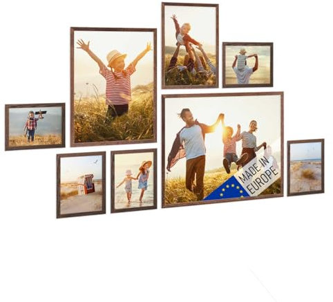 PHOTOLINI Bilderrahmen-Set Eiche Dunkel, Holzbilderrahmen Made in EU, 8er Rahmenset, 13x18 bis 40x50 cm, bruchsicheres Acrylglas, zum Aufhängen, extra Zubehör - für Ihre liebsten Fotos & Bilder