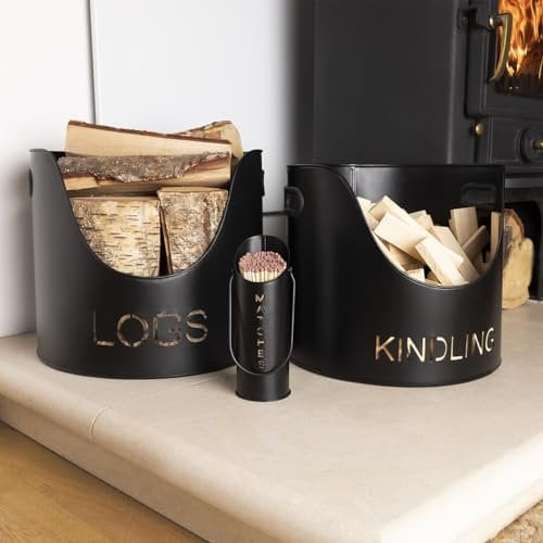 Charles Bentley Snug Hickory Fireside Set 1 x Large Wood Bucket 1 x Small Kindling Bucket 1 x Matchstick Holder Matte