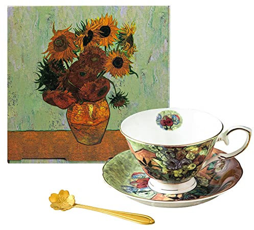 DECRZPB Handmade Ceramic Coffee Mug Cup and Saucer Set Van Gogh Rose Flowers Pottery Coffee Tea Cup and Saucer Set Plate Oat Milk Mug Wedding Gift