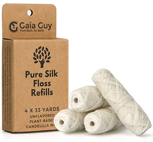 Gaia Guy Ricarica per filo interdentale in seta | seta naturale non aromatizzata | 4 bobine x 33 yds | Filo interdentale in seta compostabile, sostenibile e biodegradabile e confezione ecologica