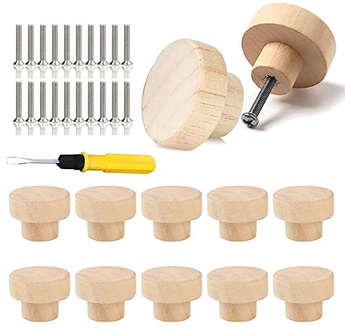 Lot de 10 boutons de meuble en bois - 33 x 25 mm - Ronds - Avec vis et tournevis - Pour meubles, cuisine, commode, tiroir, portes d'armoire