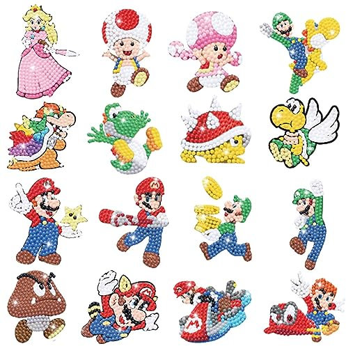 Diamond Painting Kit Enfant, 16 Pièces 5D Diamond Painting Autocollants Kits Enfants, DIY Peinture Diamant Autocollant, Kit Mosaïque pour Enfants, Broderie Diamant pour Enfants et Débutants Adultes