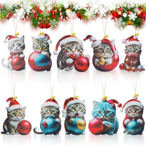 Newtic Weihnachtsbaum Katzen Anhänger,10 Stück 2D Acryl Weihnachtskatze Hängende Deko,Lustiger Weihnachten Katzen Ornament,Weihnachtsanhänger Deko,Christbaumschmuck Weihnachtsschmuck