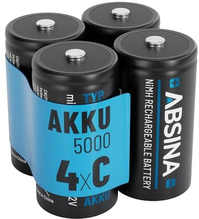 ABSINA 4x Pile ricaricabili C Baby LR14 5000 con bassa autoscarica - Pile LR14 ricaricabili C NiMH con 1,2V & al menos 4500mAh - Pile type C, pile ricaricabili tipo C, pile R14 C, Pile C