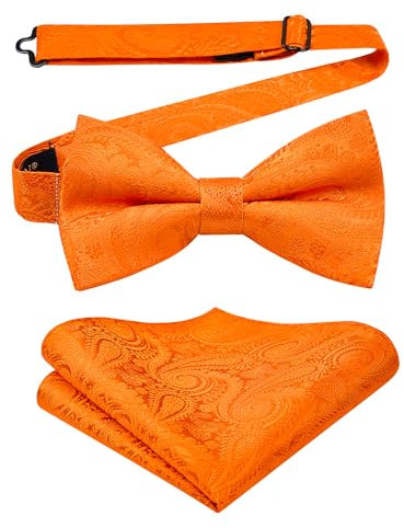 HISDERN Herren Fliegen Orange Fliege mit Einstecktuch Set Paisley Vorgebunden Anzug Fliege und Taschentuch Hochzeit Schleife für Männer