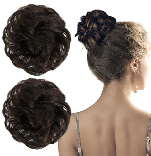 XNIVUIS 2 Stück Haarteil mit Gummiband Echthaar Haarteil Haargummi Haarteil Echthaar mit Gummiband Dutt Haarteil Haargummi mit Haaren Gelockt Haardutt Hair Bun für Damen(Dunkelbraun)