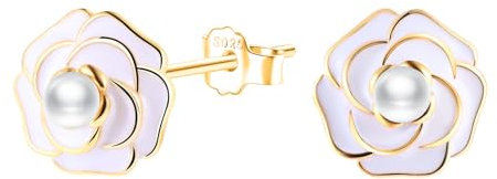 MICMIF Ohrringe Damen Silber 925 Kamelie Blume Ohrstecker Sterling Silber, Weiße Blütenblatt aus Emaille, Ohrringe Perle Blume Schmuck Geschenke für Frauen Mädchen