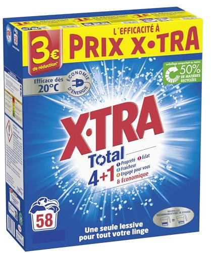X, Tra Total - Lessive Poudre - 4 plus 1 - Propreté - Eclat - Fraîcheur - Engagé pour vous - Economique - Une seule lessive pour tout votre linge - Efficace des 20°C - 58 mesures