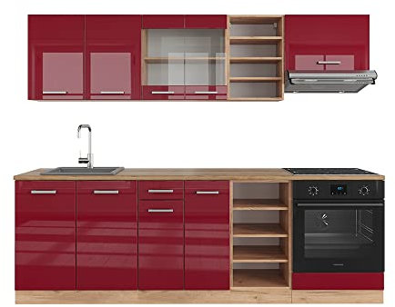 Vicco Küchenzeile R-Line, Bordeaux Hochglanz/Goldkraft Eiche, 240 cm, AP Eiche