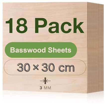 ROBOTIME Tablero Madera Contrachapada 3mm 30×30cm 18 Piezas Linden Tablero de Madera a Medida Para Bricolaje,Pirograbado Corte por Laser CNC Router Modelado