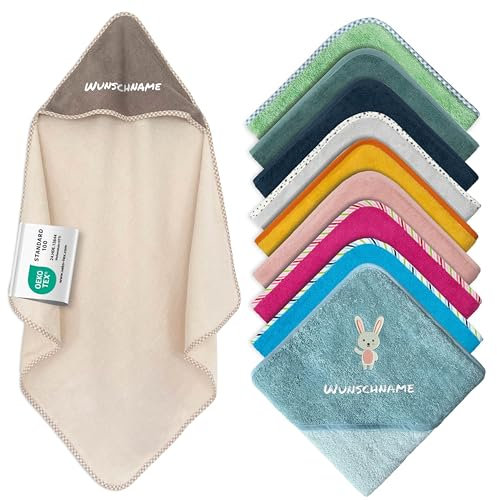 Kapuzenhandtuch Baby mit Namen Bestickt, Oeko-TEX® Standard 100 - Personalisiertes Babyhandtuch mit Kapuze aus Reiner Baumwolle mit gesticktem Namen und Motiv (Hellbraun, 100 x 100 cm)