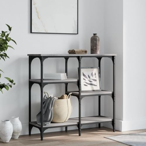 FENLAX Table Console Étroite avec Étagères 80 x 29 x 75 cm - Meuble de Salon, Table d'Entrée en Bois et Métal - Gris Sonoma
