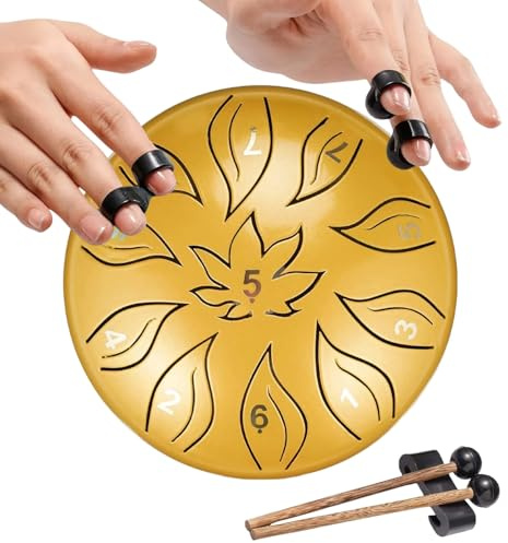 Steel Tongue Drum für Anfänger, Erwachsene und Kinder - 6 Zoll 11 Töne Percussion Instrument Handpan Kit Mit Mallets, Tragetasche und Musikbuch - Tank Drum für Geistheilung und Yoga (Gelb)