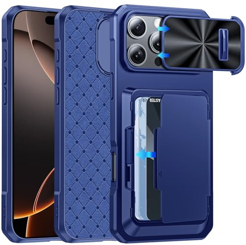 for iPhone 16 Pro Max Case Wallet, Hidden Card Holder (5 Cards), Pop-up Camera Cover, Military Grade Protection, Durable Kickstand Heavy Duty Men Women Shockproof Case for iPhone 16 Pro Max, Blue