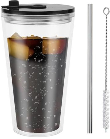 HENGBIRD Tasse à Thé à Bulles, 16oz Gobelet avec Paille et Couvercle, Double Paroi Gobelet Paille avec Autocollant et Brosse à Paille, Verre Matcha pour Café Jus Smoothie