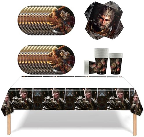 Fuwraixis 61 Piezas Negro Myth Goku vajilla del partido,Decoración de la fiesta Juegos de Vajilla,Servilletas Manteles Vasos de Papel Platos de Papel,Adecuado para niños y adultos