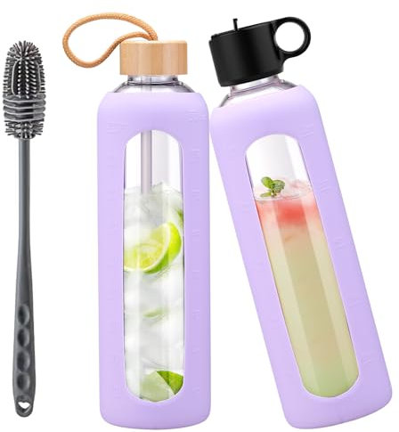 HYDRAGLAZIC 1Liter Trinkflasche aus Glas mit 2 Deckeln – Strohhalmdeckel, Bambusdeckel, Glasflasche mit Silikonhülle, Zeitmarkierung, Wasserflasche Glas für Kaltgetränke,Lila