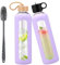HYDRAGLAZIC 950ml Gourde en Verre Avec Paille et 2 Couvercle, Bouteille d'eau Motivation Graduée Pour 1 Journee Avec Marqueur de Temps Housse en Silicone, Sport Gourde Reutilisable,Violet